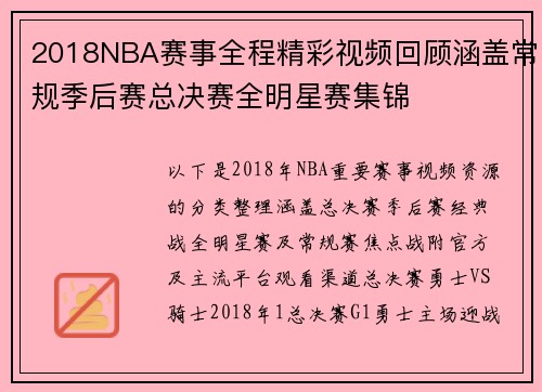 2018NBA赛事全程精彩视频回顾涵盖常规季后赛总决赛全明星赛集锦